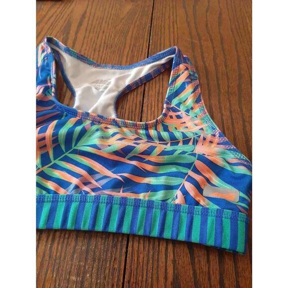 Girls Large 10/12 Avia Sports Bra Blue Green Orange Tropical Floral Racerback - Picture 2 of 3
